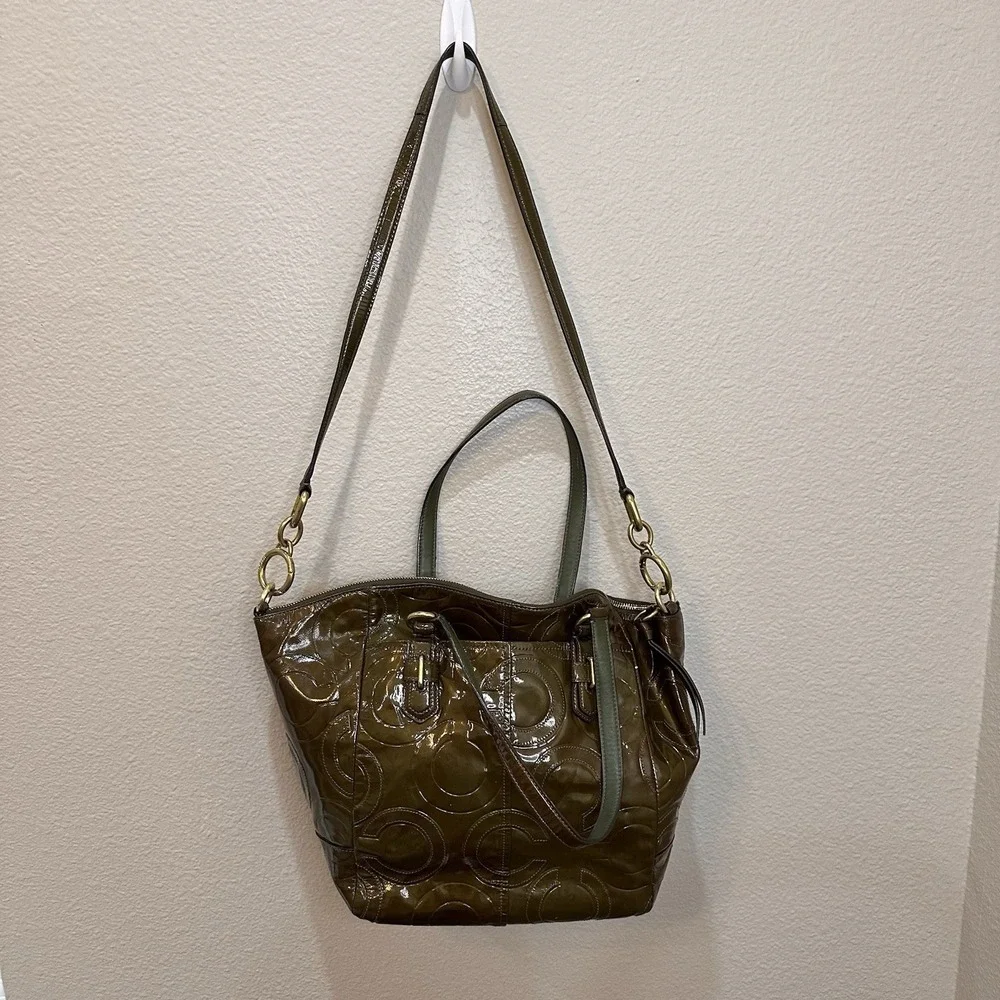 Coach Olive Green Op Art Embossed Patent Leather Madison Satchel Tote Bag